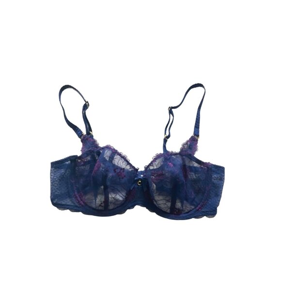 Chantelle Lace Sheer Demi Bra Navy/Purple Size 34D Coquette Fairy Romantic Cute - Picture 1 of 10